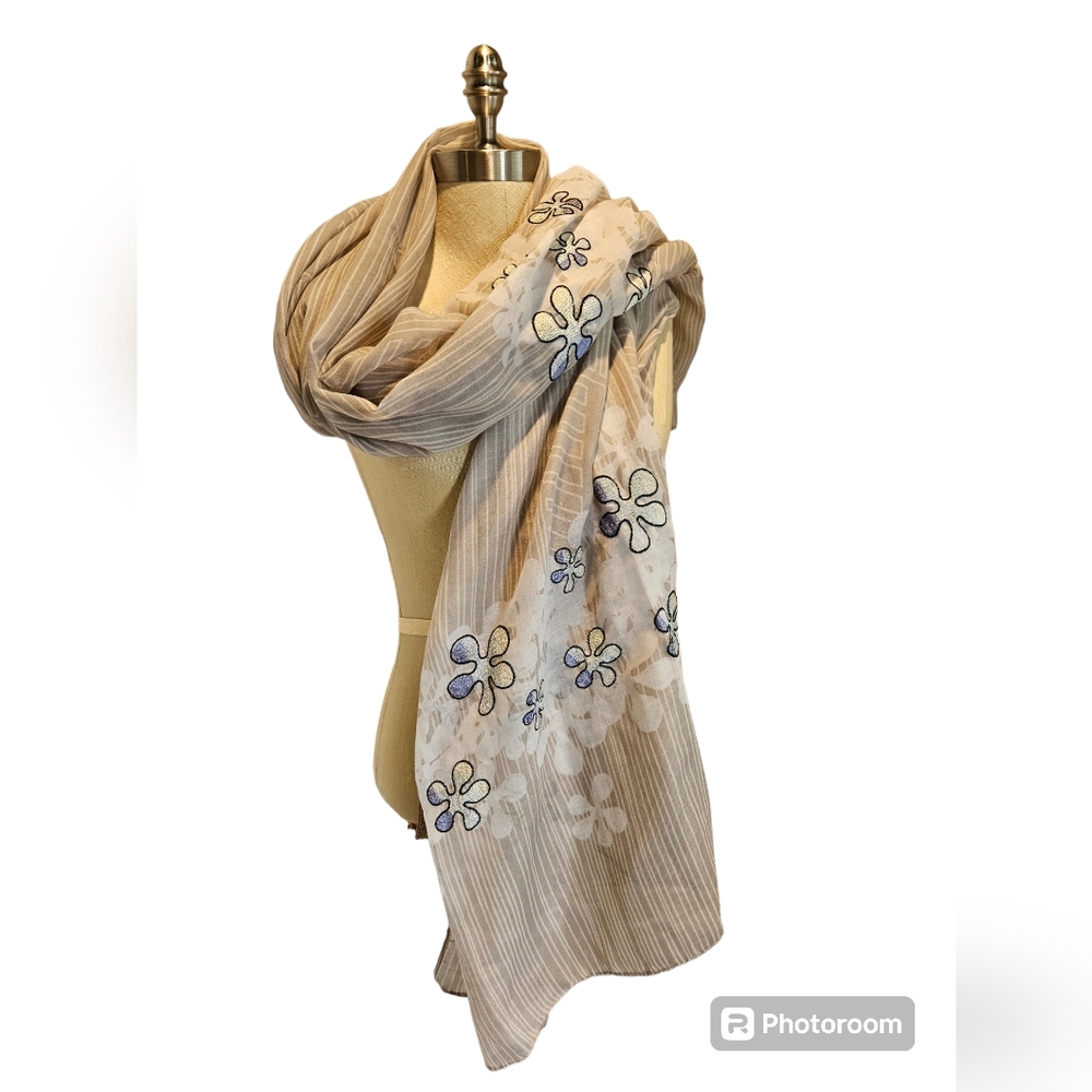 LEITH Embroidered Pop Art Floral Border Scarf / Wrap | 73"